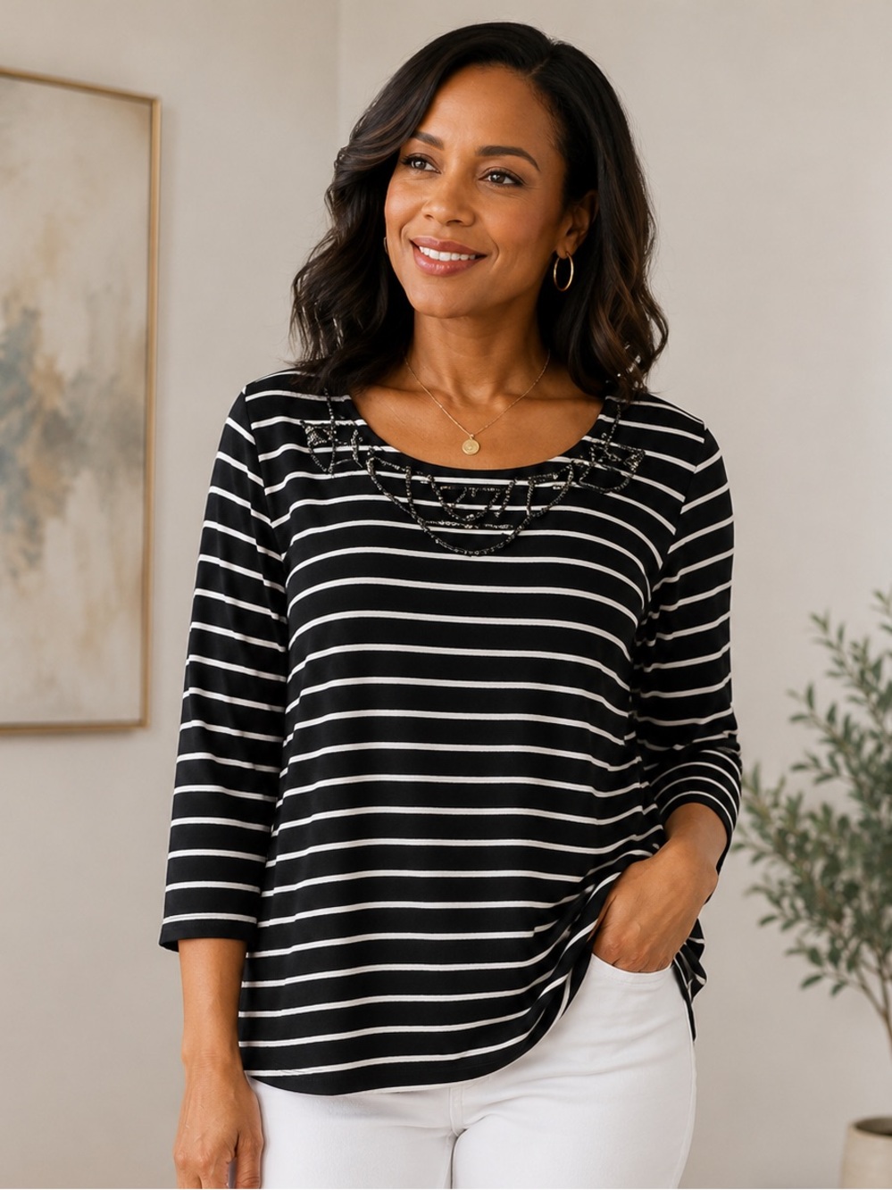 Talbots Black & White Striped Boatneck Top with Beaded Neckline